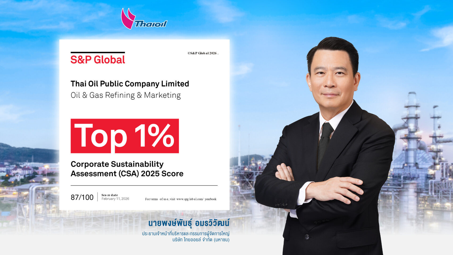 ไทยออยล์ได้รับการประเมินด้านความยั่งยืนระดับสูงสุด “Top 1%” จาก S&P Global Corporate Sustainability Assessment (CSA) Score 2025 เป็นปีที่ 10 ในกลุ่มอุตสาหกรรมการตลาดและ การกลั่นน้ำมันและก๊าซ